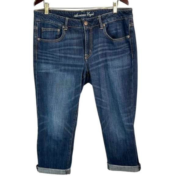 American Eagle Retro Boy Fit Stretch Cuffed Crop Jeans Blue Medium Wash Denim 12 - Picture 2 of 11